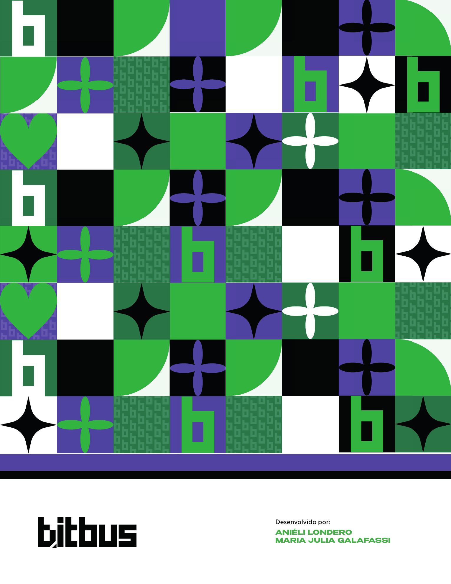 Contra-capa do zine BitBus formada por padrão modular geométrico com formas, corações e o símbolo b.