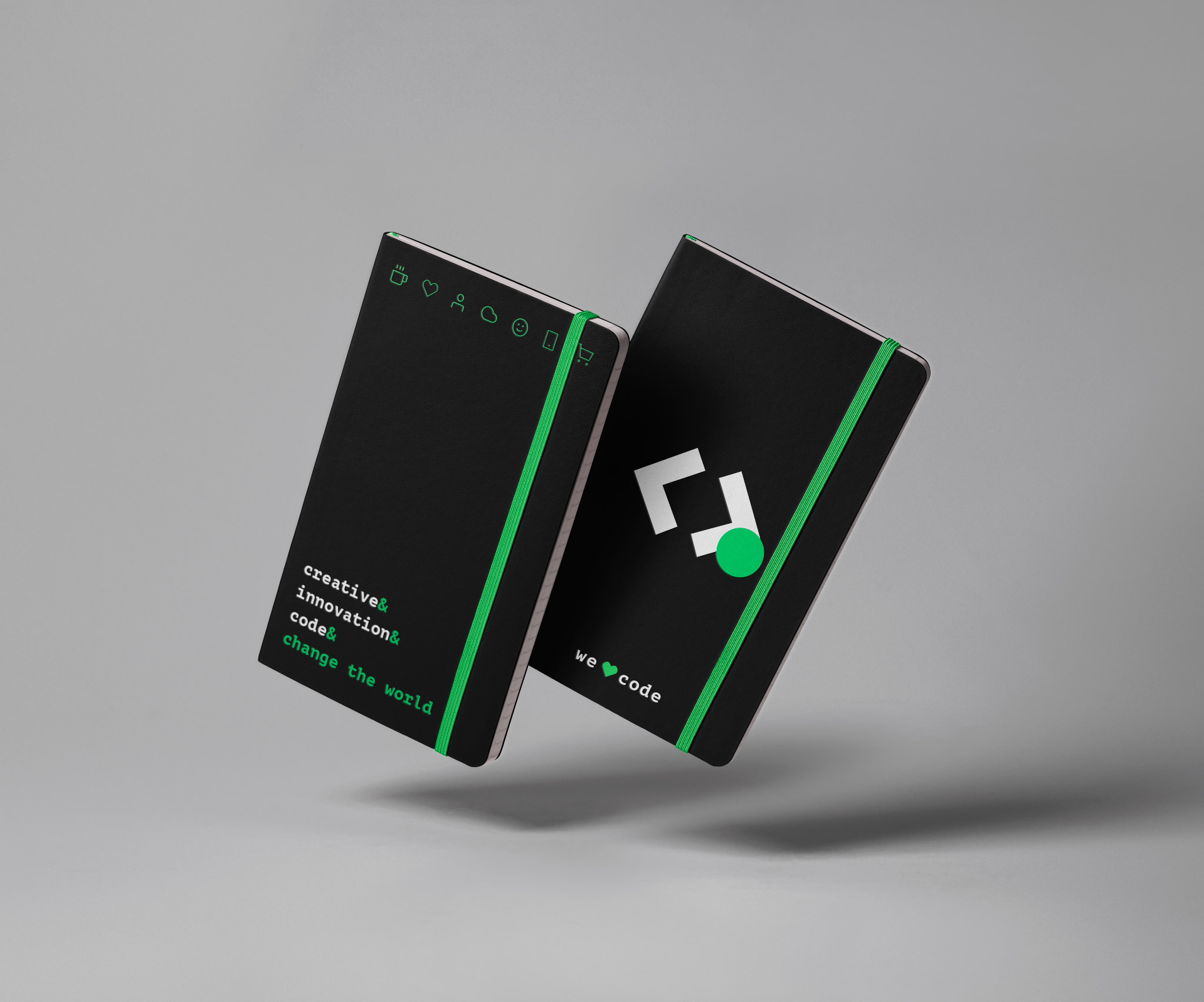 Cadernetas FCode com elástico verde.