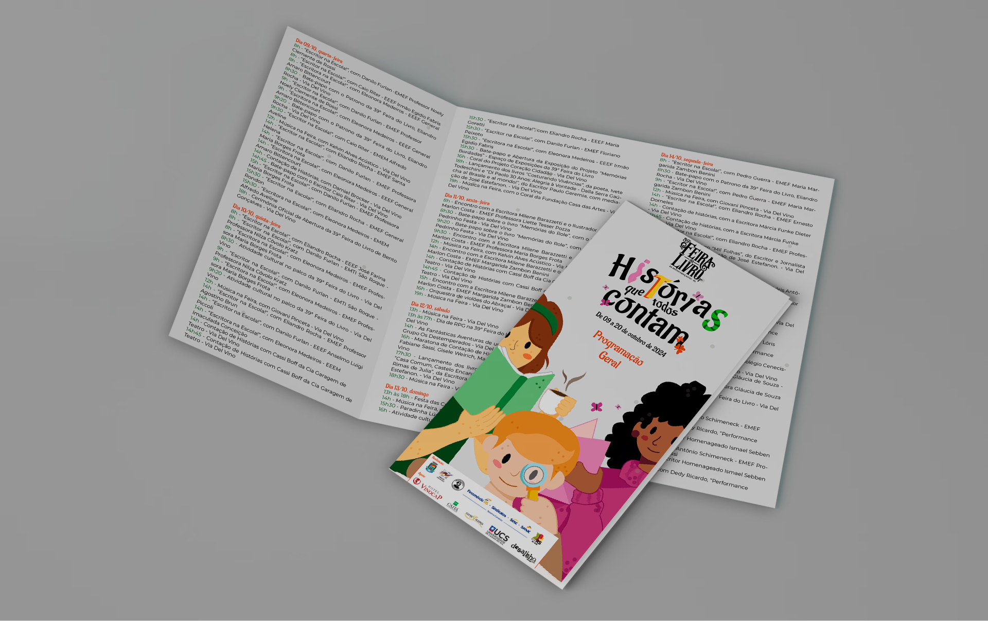 Mockup do folder da 39ª Feira do Livro de Bento Gonçalves, com programação e ilustração infantil.