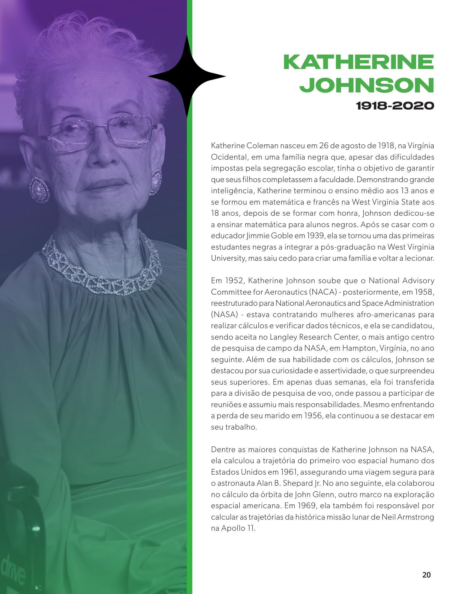 Página interna dedicada a Katherine Johnson, com retrato tratado em duotone.