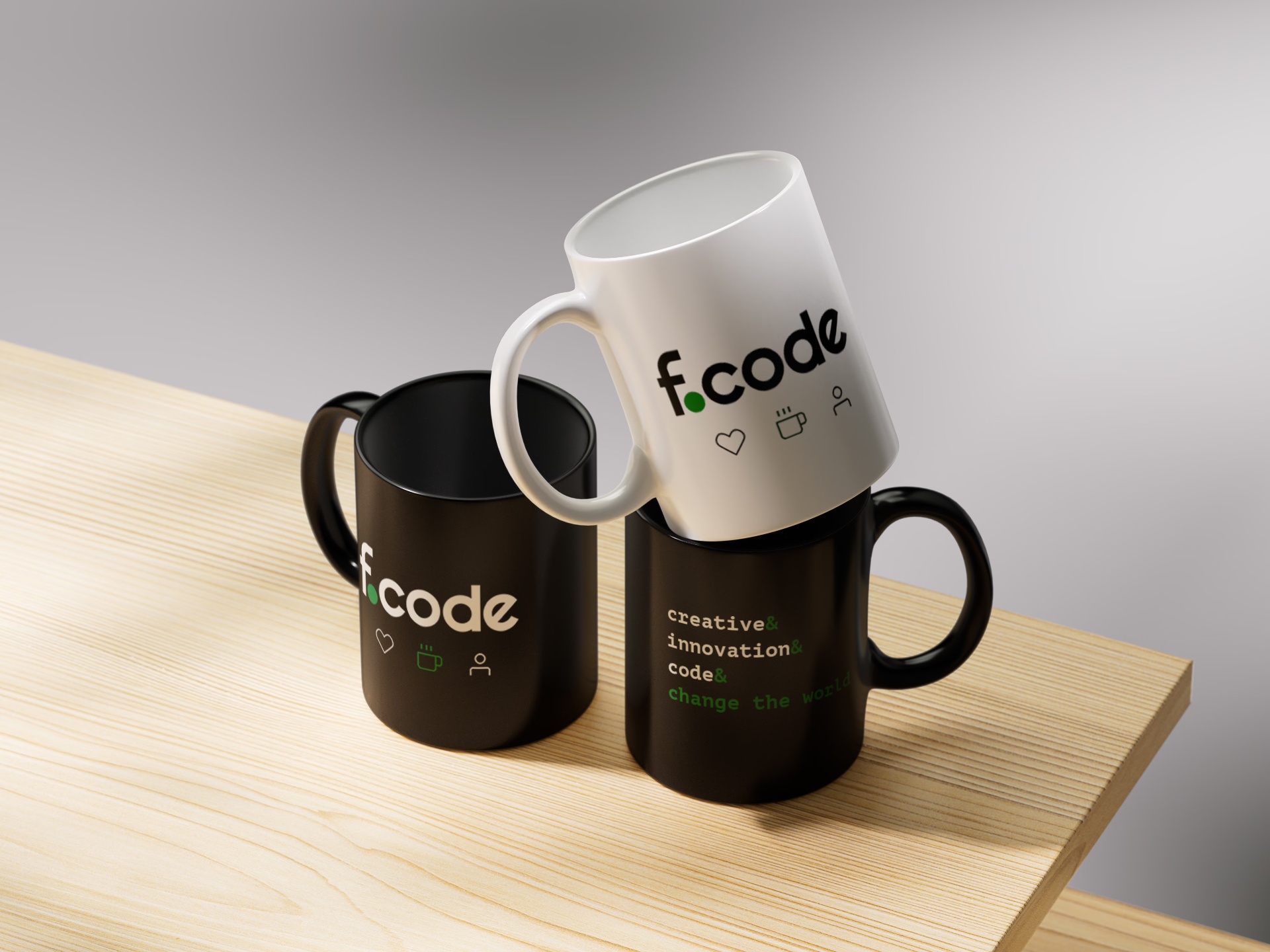 Canecas institucionais FCode em preto e branco.