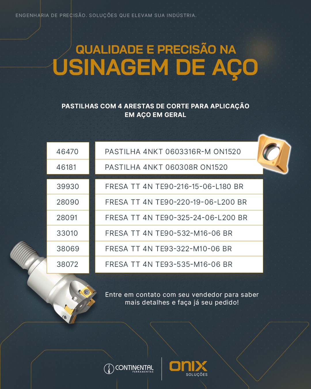 Peça institucional ONIX Soluções — pastilhas e fresas para usinagem de aço.