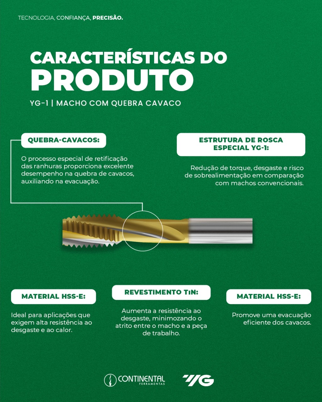 Peça técnica YG-1 Macho com Quebra Cavaco para a Continental Ferramentas.