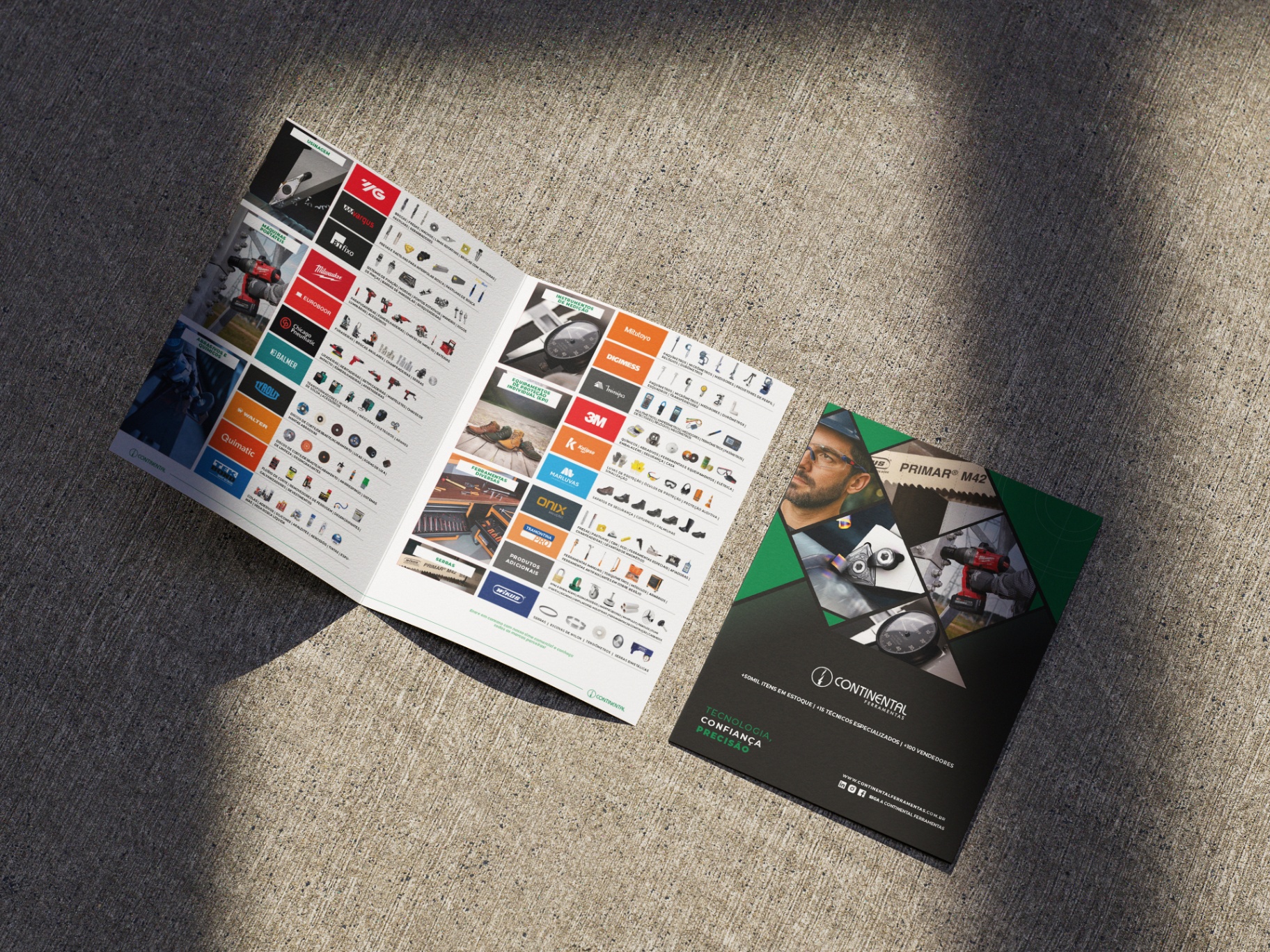 Mockup do folder institucional da Continental Ferramentas com portfólio de marcas parceiras.