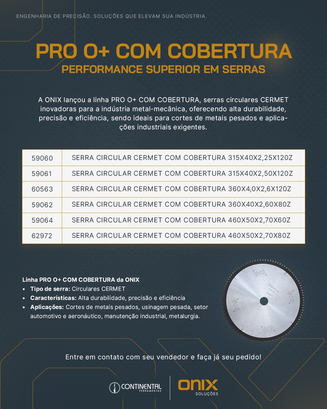 Peça institucional ONIX Soluções — serras circulares CERMET com cobertura.