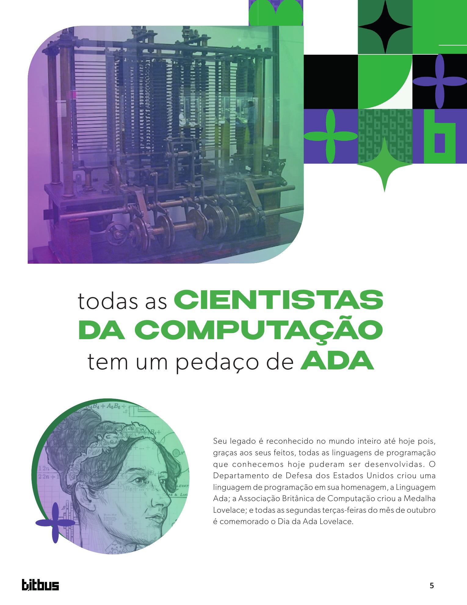 Página sobre Ada Lovelace, com a máquina de Babbage tratada em duotone e destaque tipográfico.