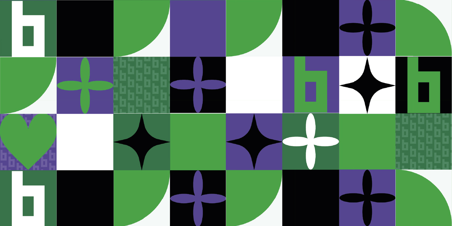 Padrão modular do BitBus com formas geométricas, corações e o símbolo b em verde, roxo, preto e branco.