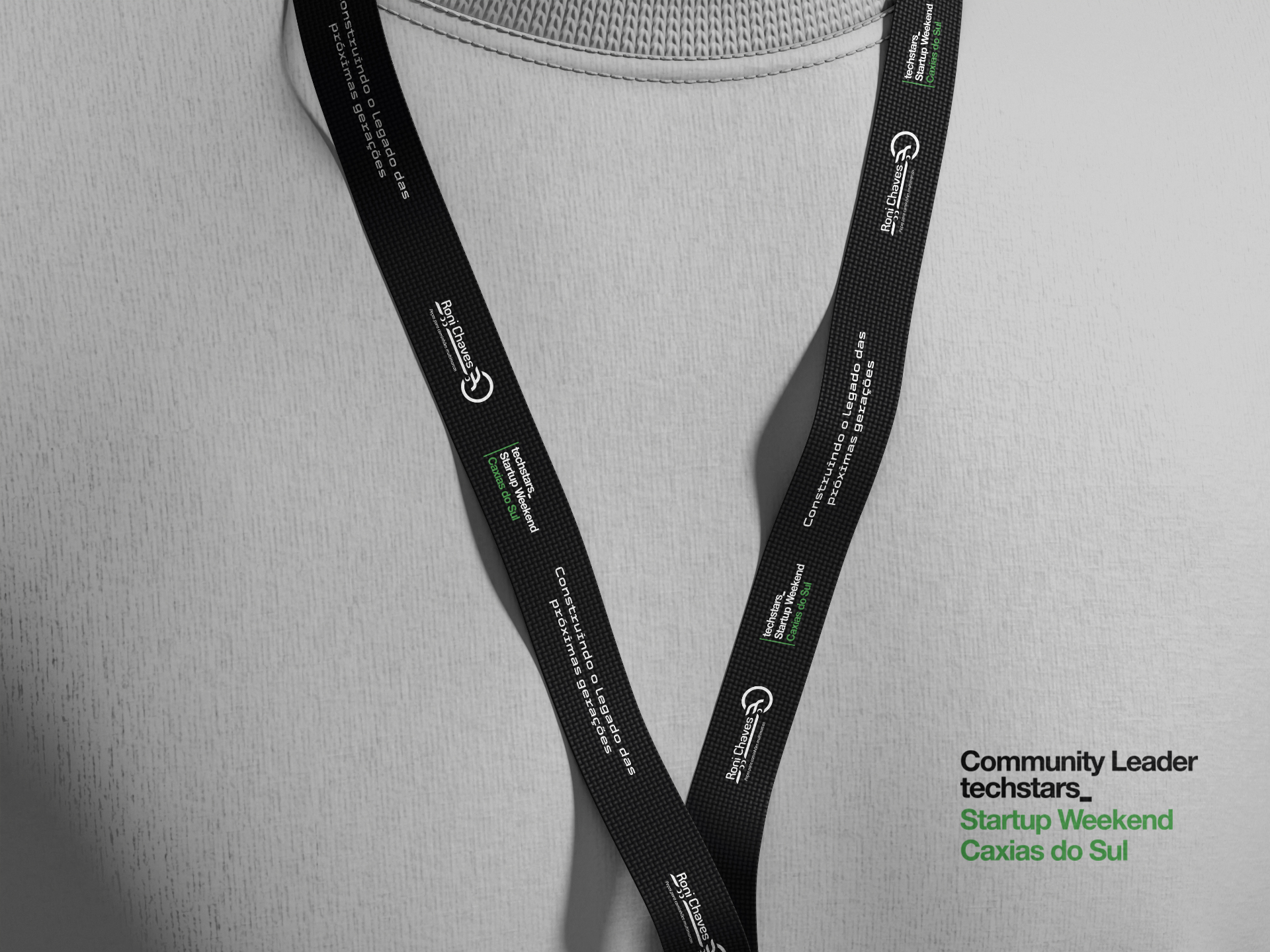 Cordão de crachá oficial do Startup Weekend Caxias do Sul com identidade da comunidade Techstars.